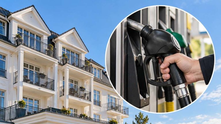 Ilustracja AI: hotel nad morzem i dłoń trzymająca pistolet dystrybutora paliwa