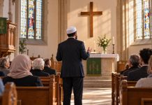 „Allahu akbar” w niemieckim kościele. Władze Kościoła bronią występu imama Ilustracja AI: imam przemawia we wnętrzu kościoła ewangelickiego