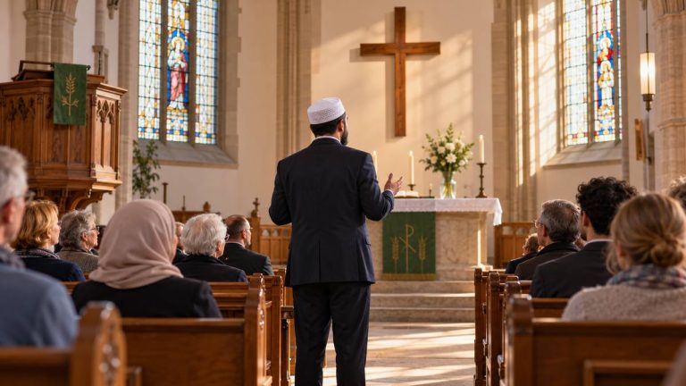Ilustracja AI: imam przemawia we wnętrzu kościoła ewangelickiego
