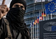 Lewica, Zieloni i SPD zagłosowali przeciwko zwalczaniu infiltracji islamistycznej w Parlamencie Europejskim! Ilustracja AI: zamaskowany mężczyzna na tle Parlamentu Europejskiego i flag UE.