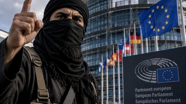 Ilustracja AI: zamaskowany mężczyzna na tle Parlamentu Europejskiego i flag UE.