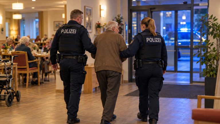 Ilustracja AI: policjanci eskortują starszego mężczyznę w domu opieki