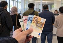 „Odetnijmy migrantom pieniądze, a przestaną przyjeżdżać!” Amerykański komentator wzywa do wstrzymania świadczeń Ilustracja AI: migranci w punkcie obsługi, na pierwszym planie banknoty euro