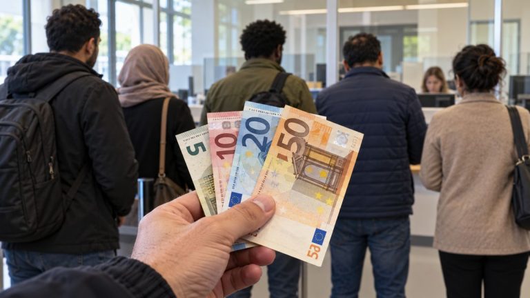 Ilustracja AI: migranci w punkcie obsługi, na pierwszym planie banknoty euro