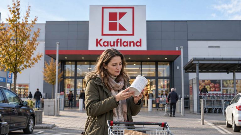 Ilustracja AI: dorosła klientka sprawdza opakowanie mleka dla niemowląt przed sklepem Kaufland