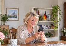 Zakochała się w „księciu z Dubaju” i straciła 15 tys. euro! Kobieta z Niemiec padła ofiarą oszusta Ilustracja AI: starsza kobieta trzyma telefon ekranem do siebie, w tle niemiecka flaga.