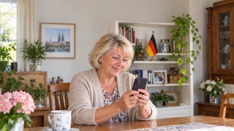 Ilustracja AI: starsza kobieta trzyma telefon ekranem do siebie, w tle niemiecka flaga.