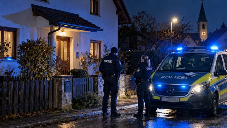 Niemieccy policjanci przed domem w Bawarii po strzelaninie podczas kontroli broni – ilustracja AI