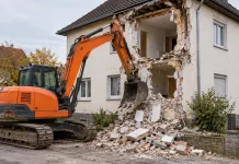 Niemcy: zaatakował koparką dom rodziny! Wbił łyżkę w ścianę, część elewacji runęła Symboliczna ilustracja AI: koparka przy uszkodzonym domu mieszkalnym