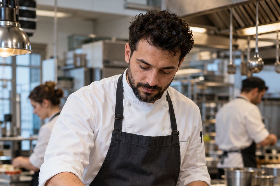 Kucharz przygotowuje danie w restauracyjnej kuchni; ilustracja AI