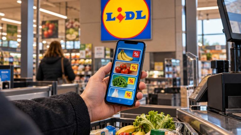 Telefon z aplikacją rabatową w sklepie Lidl – ilustracja AI