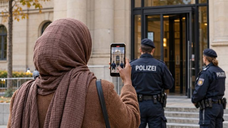 Ilustracja AI: kobieta widziana od tyłu nagrywa telefonem przed sądem; w tle policjanci. Nie przedstawia rzeczywistej influencerki.