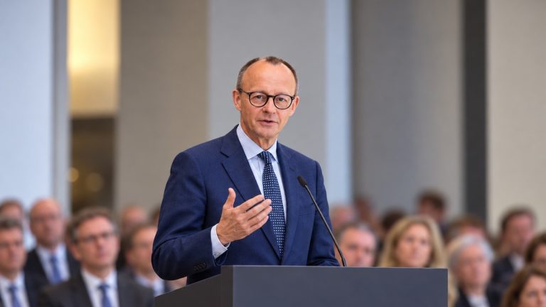 Friedrich Merz podczas symbolicznego wystąpienia — ilustracja AI
