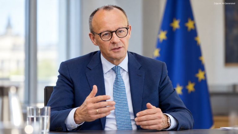 Friedrich Merz podczas symbolicznej rozmowy — ilustracja AI
