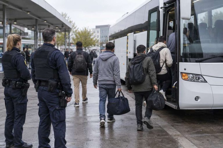 Grupa osób z bagażami wsiadająca do autobusu w obecności funkcjonariuszy