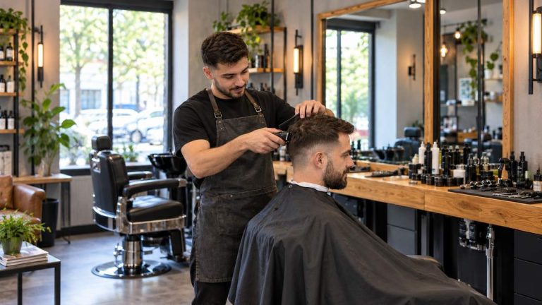 Fikcyjny młody fryzjer strzyże dorosłego klienta w nowoczesnym salonie