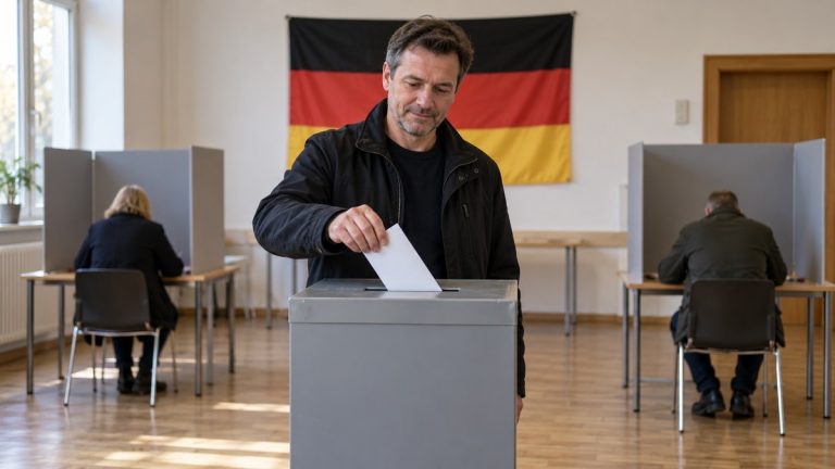 Symboliczna ilustracja AI: fikcyjny dorosły wyborca wrzuca czystą kopertę do urny w niemieckim lokalu wyborczym. Nie dokumentuje rzeczywistego głosowania.