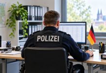 Niemcy szukają ponad 148 tys. osób z nakazami aresztowania. Prawie 90 proc. to cudzoziemcy! Funkcjonariusz niemieckiej policji przy komputerze — ilustracja AI poszukiwań osób z nakazami aresztowania.