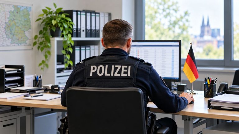 Funkcjonariusz niemieckiej policji przy komputerze — ilustracja AI poszukiwań osób z nakazami aresztowania.