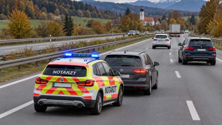Pojazd lekarza ratunkowego jadący za ciemnym samochodem na niemieckiej drodze