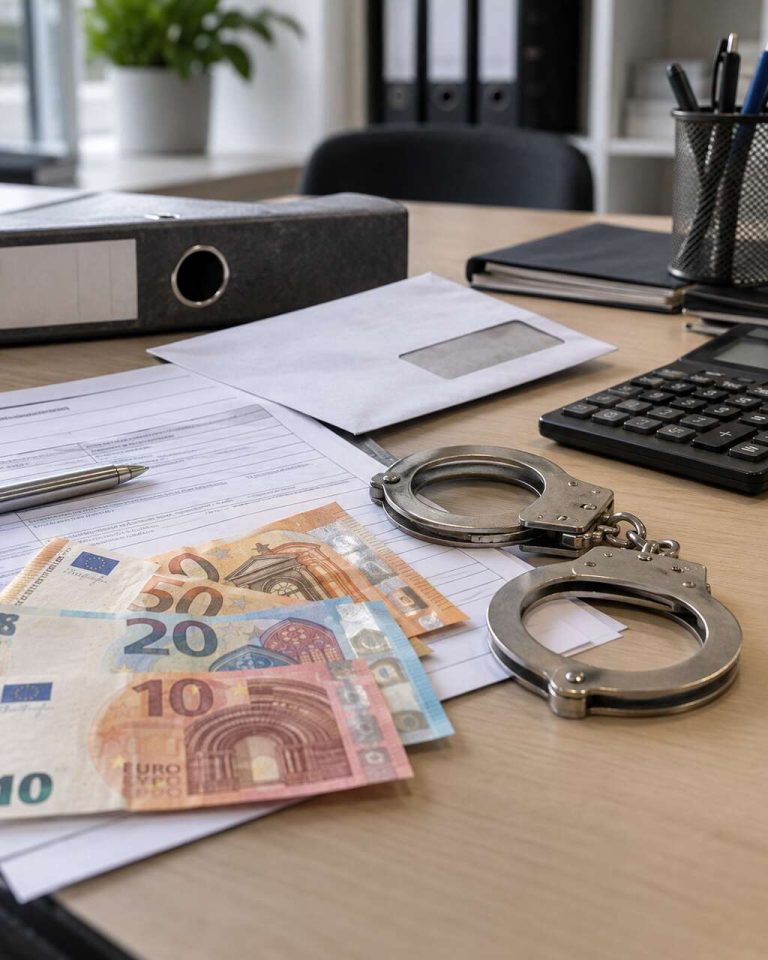 Banknoty euro, formularze urzędowe i kajdanki symbolizujące plan walki z oszustwami socjalnymi w Niemczech