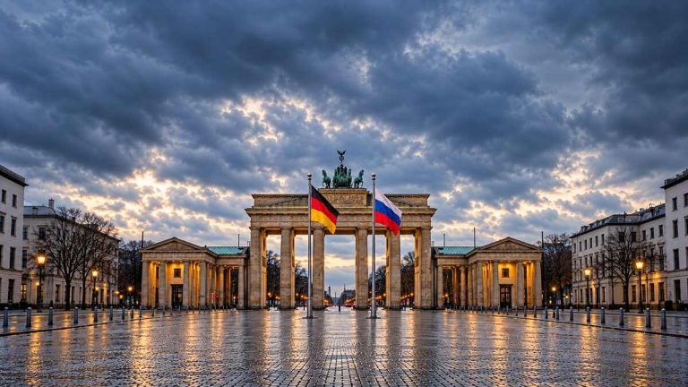 Brama Brandenburska z flagami Niemiec i Rosji