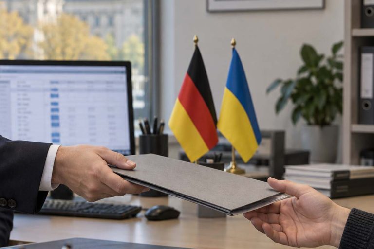 Symboliczna ilustracja przekazywania danych między Niemcami i Ukrainą