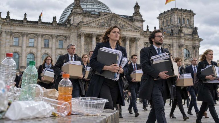 Urzędnicy z dokumentami przed Reichstagiem; ilustracja nowych podatków od napojów z cukrem i plastiku