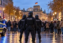 Scenariusz z Francji powtórzy się w Niemczech? Policja ostrzega przed zamieszkami! Ilustracja AI policjantów przed tłumem demonstrantów w Berlinie