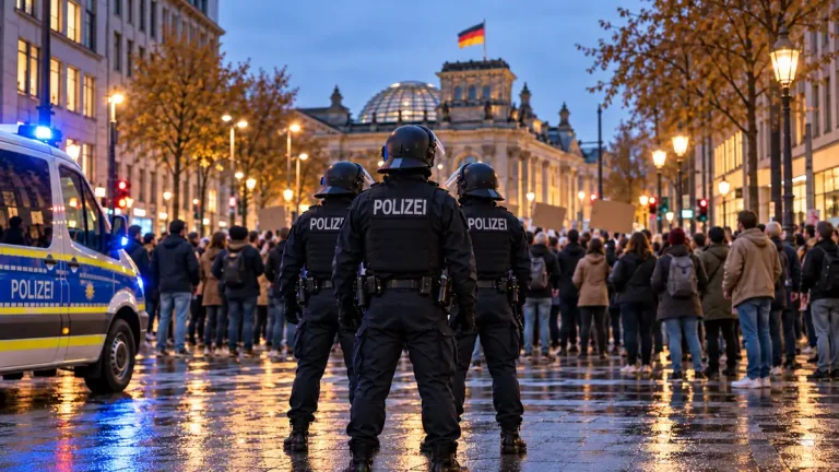 Ilustracja AI policjantów przed tłumem demonstrantów w Berlinie