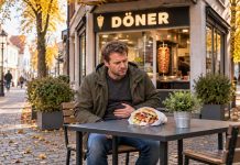 Fala zachorowań po wizycie w kebabie w Niemczech! Ponad 70 osób z wymiotami i biegunką Ilustracja klienta z ręką na brzuchu przed lokalem z kebabem