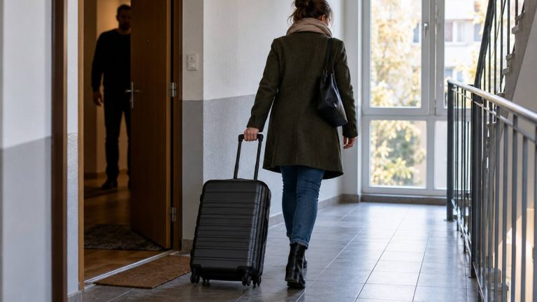 Kobieta z walizką opuszcza mieszkanie, w drzwiach widoczna jest sylwetka mężczyzny