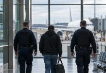 Omid Mouazzen: Uchodźcy skazani za gwałt powinni zostać deportowani z Niemiec — nawet jeśli ich kraje są niebezpieczne! Symboliczna ilustracja deportacji z Niemiec: anonimowy mężczyzna eskortowany na lotnisku
