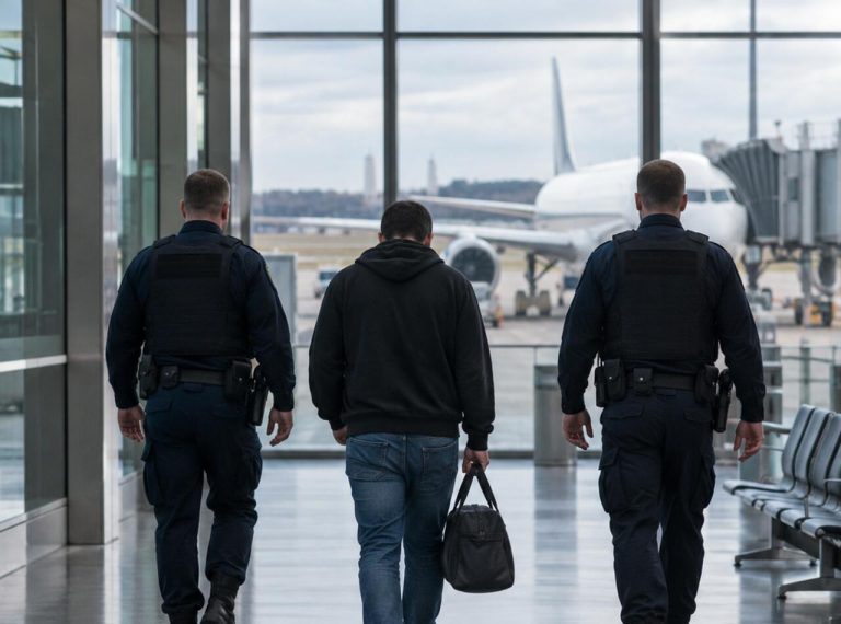 Symboliczna ilustracja deportacji z Niemiec: anonimowy mężczyzna eskortowany na lotnisku