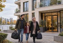 Berlin planuje ośrodek dla uchodźców w luksusowej dzielnicy. Szacowany koszt: 25 milionów euro! Ilustracyjna rodzina z bagażami przed eleganckim budynkiem mieszkalnym nad wodą