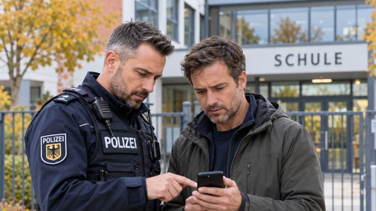 Ilustracja AI: fikcyjny policjant i dorosły mężczyzna oglądają telefon przed szkołą. Scena nie przedstawia uczestników rzeczywistego zdarzenia.