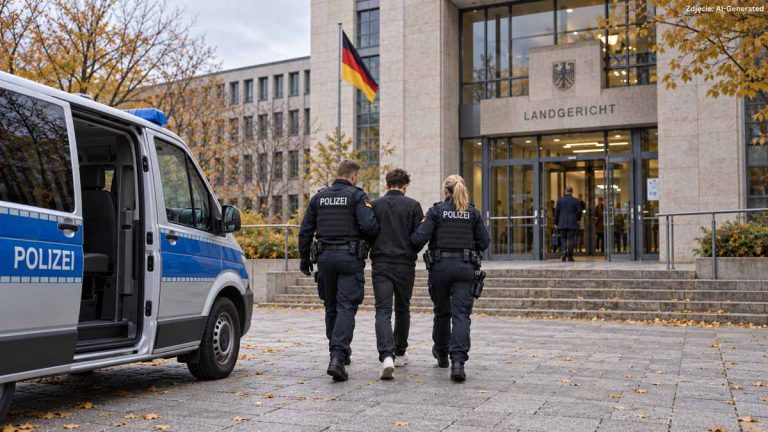 Ilustracyjna scena eskortowania dorosłego mężczyzny przez niemieckich policjantów do sądu