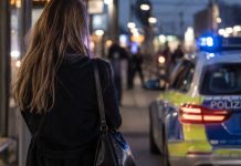 Policja w Niemczech radzi kobietom wywołać wymioty, aby uchronić się przed gwałtem Kobieta na przystanku obok niemieckiego radiowozu policyjnego