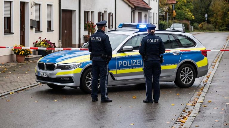 Policjanci i niemiecki radiowóz na odgrodzonej ulicy — ilustracja AI