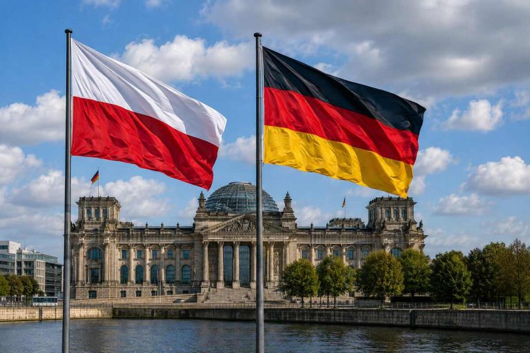 Flagi Polski i Niemiec przed budynkiem Reichstagu