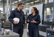 Niemcy: 42 proc. firm z branży metalowej i elektrotechnicznej spodziewa się redukcji zatrudnienia! Symboliczna ilustracja AI: dwoje dorosłych pracowników rozmawia przy maszynie w fabryce.
