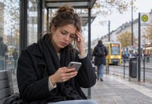 Prawie rozładowany telefon? Niemal co trzeci młody dorosły w Niemczech odwołał przez to spotkanie! Ilustracja AI: młoda kobieta patrzy na telefon na miejskim przystanku w Niemczech.
