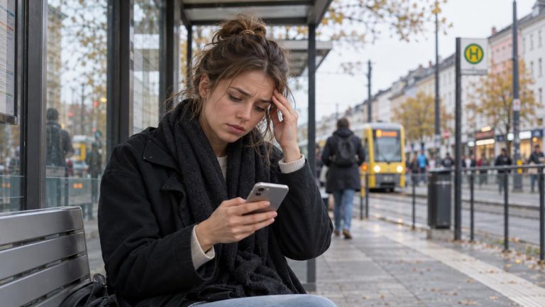 Ilustracja AI: młoda kobieta patrzy na telefon na miejskim przystanku w Niemczech.