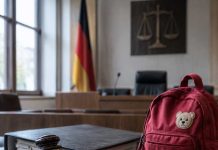 Uchodźca z Jemenu miał wyłudzać Bürgergeld na cudze dzieci. Gdy żona chciała go zgłosić, miał ją zamordować! Symboliczna sala sądowa z młotkiem sędziowskim, dziecięcym plecakiem i niemiecką flagą