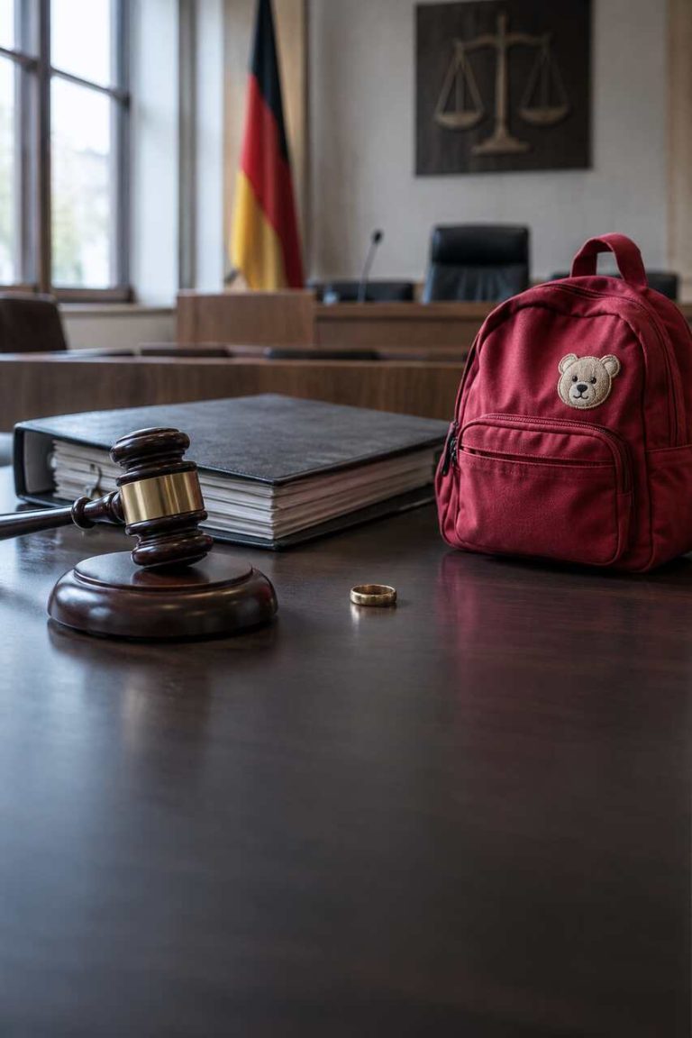 Symboliczna sala sądowa z młotkiem sędziowskim, dziecięcym plecakiem i niemiecką flagą
