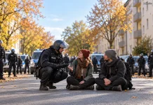 Niemcy: Próbowali zablokować wystąpienie polityka AfD! Czterech policjantów rannych Ilustracja AI: niemiecki policjant rozmawia z osobami siedzącymi na zablokowanej drodze