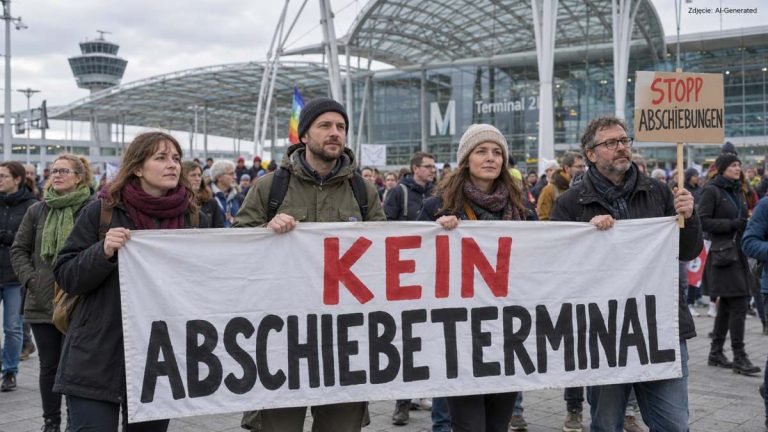 Demonstranci z transparentem przeciw terminalowi do deportacji — ilustracja AI