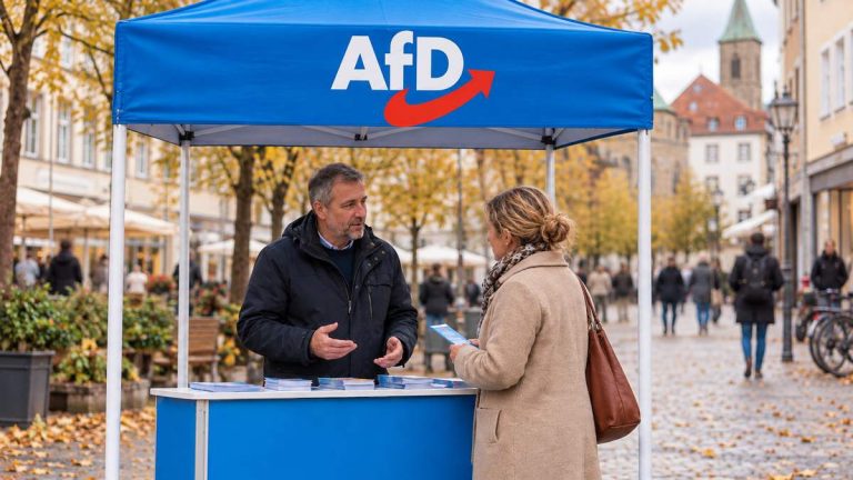 Dwoje dorosłych rozmawia przy punkcie informacyjnym z logo AfD – ilustracja