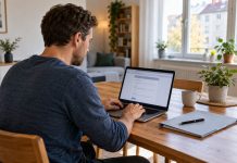 Rejestracja jako bezrobotny w Niemczech – online i osobiście Mężczyzna wypełnia formularz rejestracji jako bezrobotny na laptopie w domu