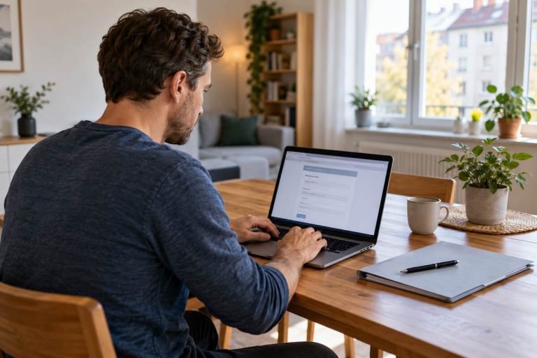 Mężczyzna wypełnia formularz rejestracji jako bezrobotny na laptopie w domu